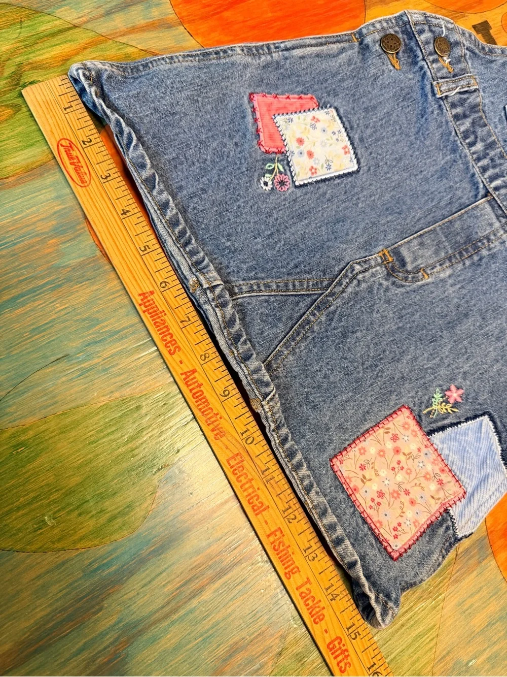 Oshkosh B'Gosh Girl's Denim Overall Dress 2T Patchwork Multicolored Adjustable S